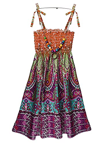 TiaoBug Mädchen Kleider Spaghettiträger Sommerkleid Hohe Taille Strandkleid mit/ohne Halskette Prinzessin Partykleid Festkleid gr.110-152 Orange 122-128 von TiaoBug