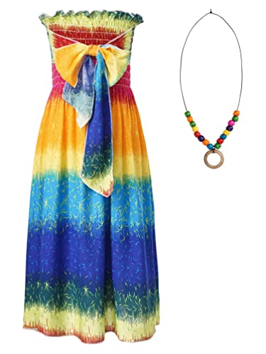 TiaoBug Mädchen Kleider Spaghettiträger Sommerkleid Hohe Taille Strandkleid mit/ohne Halskette Prinzessin Partykleid Festkleid gr.110-152 Regenbogen D 128-134 von TiaoBug