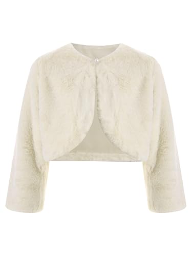 TiaoBug Mädchen Kunstpelz Strickjacke Bolero Festlich Schulterjacke Langarm Blumenmädchen Blumenkinder Jäckchen Winter Hochzeit Party Mantel Beige 140-152 von TiaoBug