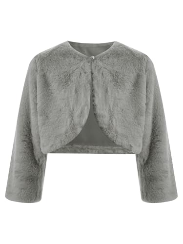 TiaoBug Mädchen Kunstpelz Strickjacke Bolero Festlich Schulterjacke Langarm Blumenmädchen Blumenkinder Jäckchen Winter Hochzeit Party Mantel Grau 104-116 von TiaoBug