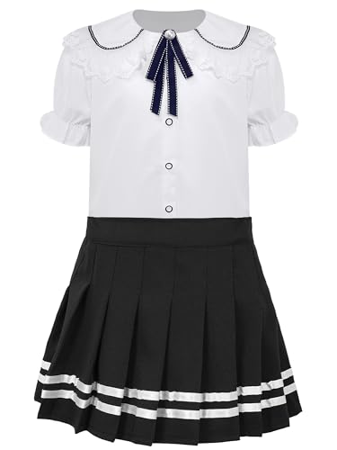 TiaoBug Mädchen Kurzarm Weißes Hemd Bluse und Streifen Faltenrock Plisseerock Sommer Schuluniform Kinder Einschulung Party Outfits Schwarz O 134-140 von TiaoBug