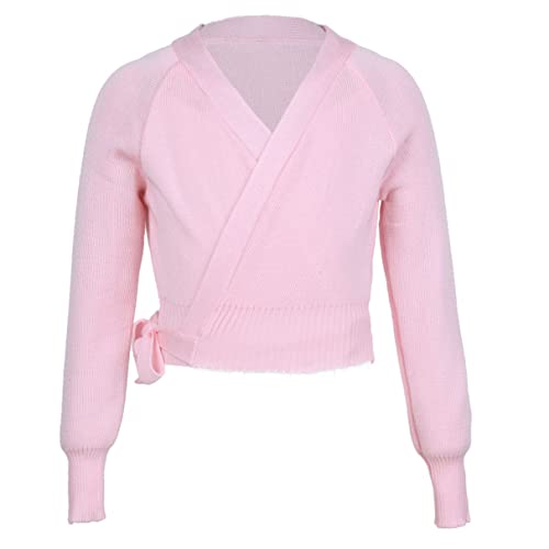 TiaoBug Mädchen Langarm Ballett Top zum Wickeln Pullover Strickjacke Bolero Top Cardigan warme Oberteile Ballettkleidung in Rosa Blau Rosa 134-140 von TiaoBug