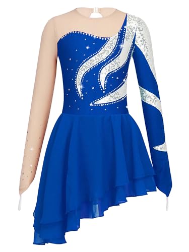 TiaoBug Mädchen Langarm Eiskunstlauf Kleid Asymmetrisches Kürkleid Metallic Tanzkleid mit Slip und Röckchen Tanzbekleidung Königsblau G 158-164 von TiaoBug