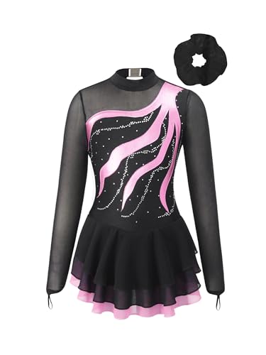 TiaoBug Mädchen Langarm Eiskunstlauf Kleid Kürkleid Strass Stein Tanzkleid mit Haargummi Gymnastik Turn Anzug mit Röckchen Tanzbekleidung Rosa Haargummi 158-164 von TiaoBug