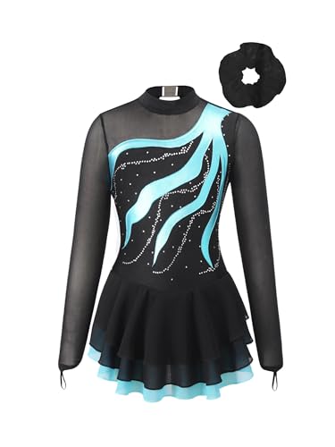 TiaoBug Mädchen Langarm Eiskunstlauf Kleid Kürkleid Strass Stein Tanzkleid mit Haargummi Gymnastik Turn Anzug mit Röckchen Tanzbekleidung Türkis Haargummi 158-164 von TiaoBug