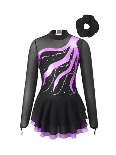 TiaoBug Mädchen Langarm Eiskunstlauf Kleid Kürkleid Strass Stein Tanzkleid mit Haargummi Gymnastik Turn Anzug mit Röckchen Tanzbekleidung Violett Haargummi 134-140 von TiaoBug