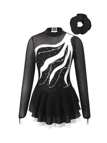 TiaoBug Mädchen Langarm Eiskunstlauf Kleid Kürkleid Strass Stein Tanzkleid mit Haargummi Gymnastik Turn Anzug mit Röckchen Tanzbekleidung Weiß Haargummi 146-152 von TiaoBug