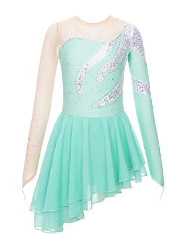 TiaoBug Mädchen Langarm Eiskunstlauf Kleid Asymmetrisches Kürkleid Metallic Tanzkleid mit Slip und Röckchen Tanzbekleidung Hellgrün G 158-164 von TiaoBug
