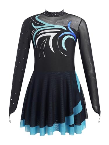TiaoBug Mädchen Klassisch Eiskunstlauf Kleid Mesh Spleiß Tanzkleid Langarm Strass Stein Body mit Handschlaufe Slip und Röckchen Tanzbekleidung Himmelblau H 146-152 von TiaoBug
