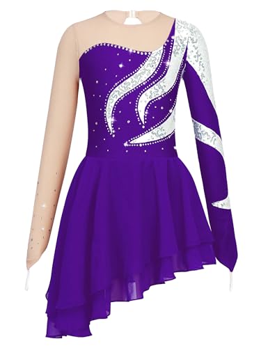 TiaoBug Mädchen Langarm Eiskunstlauf Kleid Mesh Spleiß Kürkleid Strass Stein Tanzkleid mit Slip und Röckchen Tanzbekleidung Violett G 146-152 von TiaoBug