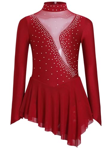 TiaoBug Mädchen Langarm Eiskunstlauf Kleider Asymmetrische Kürkleider mit Strasssteine Rollkragen Mesh Spleiß Leotard mit Tutu Eislaufen Rock Wett"be"werb Kostüm gr. 110-170 Weinrot 134-140 von TiaoBug