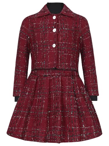 TiaoBug Mädchen Langarm Freizeitkleider Winterkleider aus Klassischer Blazer + Kariert Faltenrock + Basic Einfarbig Langarmshirt Unterhemd Herbst Winter Outfits Rot 116-122 von TiaoBug