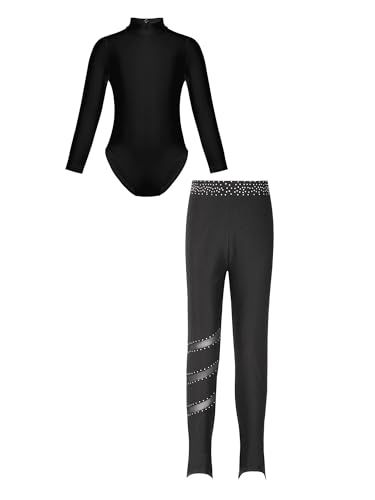 TiaoBug Mädchen Langarm Gymnastik Turn Body Trikot und Lange Hose Ballett Tanz Eiskunstlauf Pants Basic Einfarbig Leggings Schwarz H 146-152 von TiaoBug