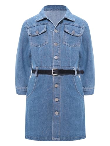 TiaoBug Mädchen Langarm Jeanskleid Denim Hemd Blusen Kleid mit Knopfleiste Schwarzer Ledergürtel Freizeitkleider Herbst Winter Outfits Blau 122-128 von TiaoBug