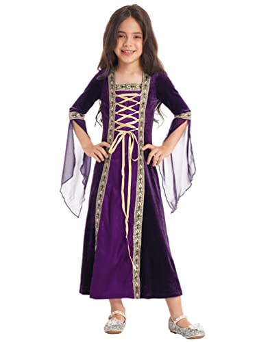 TiaoBug Mädchen Langarm Mittelalter Kleid aus Samt Kinder Prinzessin Partykleid Glockenärmel Samtkleid Süßes Vampire Kostüm Violett A 146-152 von TiaoBug