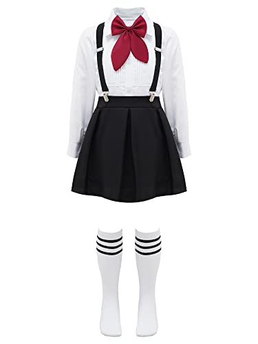TiaoBug Mädchen Langarm Rockabilly 50er Vintage Retro Kleid Langarm weißes Hemd Bluse Schuluniform Kariert Faltenrock Einschulung Party für Kinder Schwarz 5 Pcs 158-164 von TiaoBug