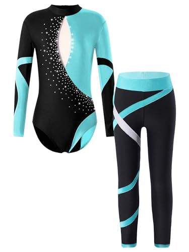 TiaoBug Mädchen Langarm Turnanzug Farbblock Gymnastikanzug mit Sport Leggings Streifen Hose Zweiteiler Ganzkörper Anzug Eiskunstlauf Leotard Türkis E 146-152 von TiaoBug