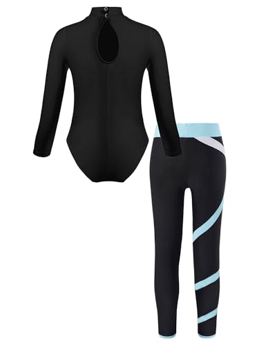 TiaoBug Mädchen Langarm Turnanzug Gymnastikanzug mit Sport Leggings Turnhose Zweiteiler Ballett Tanz Anzug Ganzkörper Leotard Hellblau 158-164 von TiaoBug