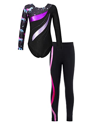 TiaoBug Mädchen Langarm Turnanzug Gymnastikanzug mit Sport Leggings Turnhose Zweiteiler Ballett Tanz Anzug Ganzkörper Leotard Lila&Hot Pink G 110-116 von TiaoBug