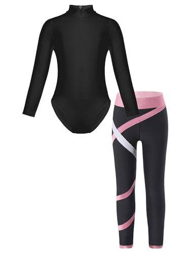 TiaoBug Mädchen Langarm Turnanzug Gymnastikanzug mit Sport Leggings Turnhose Zweiteiler Ballett Tanz Anzug Ganzkörper Leotard Rosa 110-116 von TiaoBug