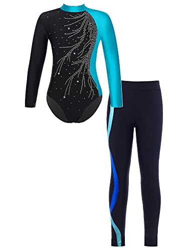 TiaoBug Mädchen Langarm Turnanzug Gymnastikanzug mit Sport Leggings Turnhose Zweiteiler Ballett Tanz Anzug Ganzkörper Leotard Türkis Glitzer 122-128 von TiaoBug