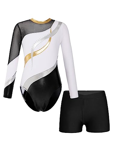 TiaoBug Mädchen Langarm Turnanzug Streifen Glitzer Gymnastikanzug mit Sport Shorts Sommer Kurze Hose Leggings Tights Ballett Tanz Outfit Weiß G 146-152 von TiaoBug