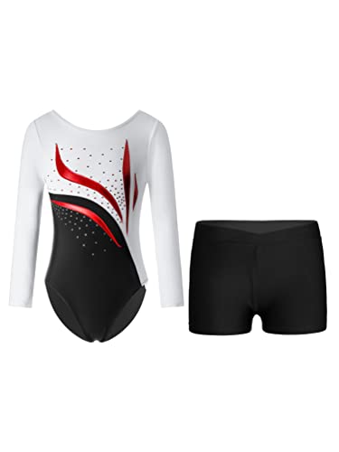 TiaoBug Mädchen Langarm Turnanzug Streifen Glitzer Gymnastikanzug mit Sport Shorts Sommer Kurze Hose Leggings Tights Ballett Tanz Outfit Weiß schwarz A 146-152 von TiaoBug