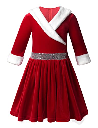 TiaoBug Mädchen Langarm Weihnachtskleider Samt Partykleid mit/ohne Kapuze Rentier Haarreifen Prinzessin Winterkleid Xmas Fastnacht Outfits Rot F 110-116 von TiaoBug