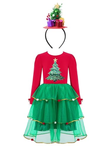 TiaoBug Mädchen Langarm Weihnachtskleider Samt Partykleid mit/ohne Kapuze Rentier Haarreifen Prinzessin Winterkleid Xmas Fastnacht Outfits Rot G 134-140 von TiaoBug