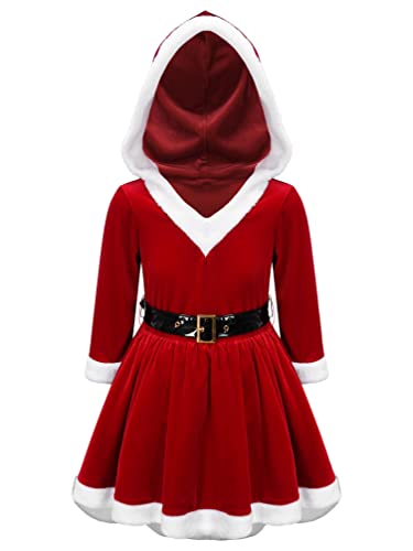 TiaoBug Mädchen Langarm Weihnachtskleider Samt Partykleid mit/ohne Kapuze Rentier Haarreifen Prinzessin Winterkleid Xmas Fastnacht Outfits Rot L 146-152 von TiaoBug