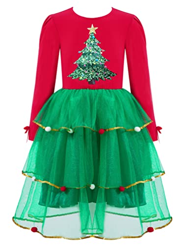 TiaoBug Mädchen Langarm Weihnachtskleider Samt Partykleid mit/ohne Kapuze Rentier Haarreifen Prinzessin Winterkleid Xmas Fastnacht Outfits Rot B 98-104 von TiaoBug