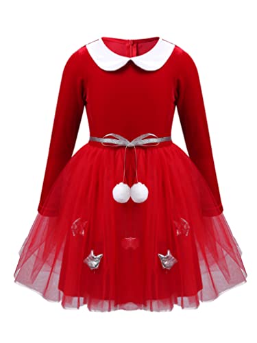 TiaoBug Mädchen Langarm Weihnachtskleider Samt Partykleid mit/ohne Kapuze Rentier Haarreifen Prinzessin Winterkleid Xmas Fastnacht Outfits Rot Tutu 110-116 von TiaoBug