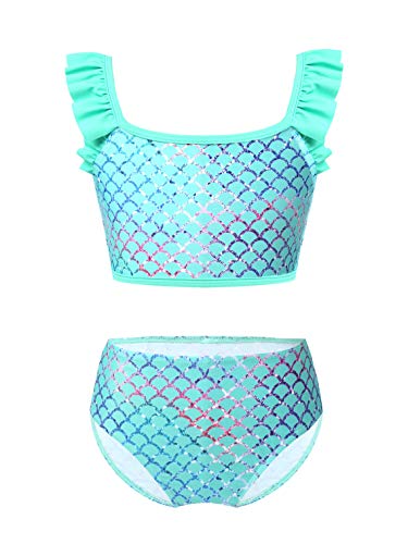 TiaoBug Mädchen Meerjungfrau Bikini Tankini Set Fischschuppen Crop Top und Badehose Modisch Prinzessin Strandkleidung Grün 122-128 von TiaoBug