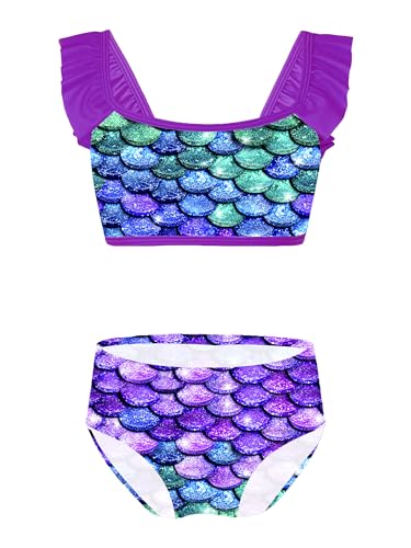 TiaoBug Mädchen Meerjungfrau Bikini Tankini Set Fischschuppen Crop Top und Badehose Modisch Prinzessin Strandkleidung Violett H 134-140 von TiaoBug