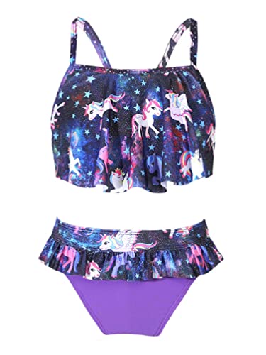 TiaoBug Mädchen Meerjungfrau Bikini Tankini Set Fischschuppen Crop Top und Badehose Modisch Prinzessin Strandkleidung Violett Rüschen 134-140 von TiaoBug