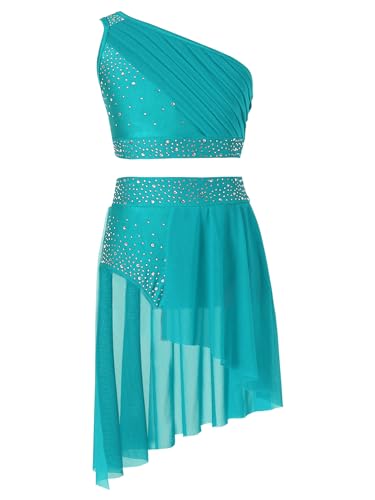 TiaoBug Mädchen Metallic Eiskunstlauf Kleider Pailletten Ballettkleider Tanzkleider aus EIN-Schulter Crop Top und Asymmetrischer Tutu Rock Türkis 158-164 von TiaoBug