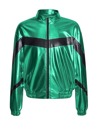 TiaoBug Mädchen Metallic Jacke Langarm Baseball College Übergangsjacke mit Reisverschluss Modern Jazz Hip Hop Tanz 70er 80er Jahre Outfit Grün A 122-128 von TiaoBug