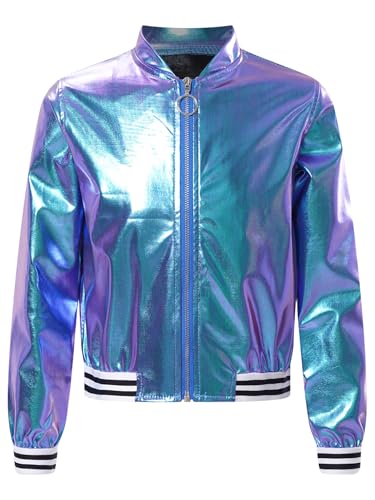 TiaoBug Mädchen Metallic Jacke Langarm Baseball College Übergangsjacke mit Reisverschluss Modern Jazz Hip Hop Tanz 70er 80er Jahre Outfit Lila Blau 146-152 von TiaoBug