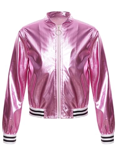 TiaoBug Mädchen Metallic Jacke Langarm Baseball College Übergangsjacke mit Reisverschluss Modern Jazz Hip Hop Tanz 70er 80er Jahre Outfit Rosa 158-164 von TiaoBug
