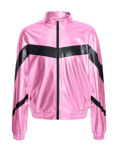 TiaoBug Mädchen Metallic Jacke Langarm Baseball College Übergangsjacke mit Reisverschluss Modern Jazz Hip Hop Tanz 70er 80er Jahre Outfit Rosa A 134-140 von TiaoBug