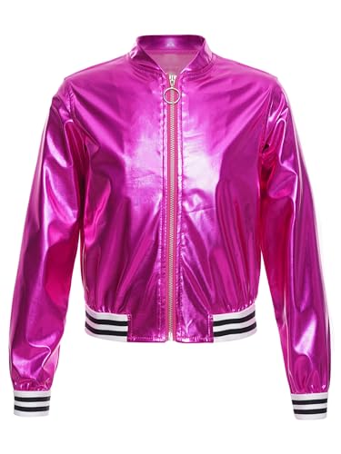 TiaoBug Mädchen Metallic Jacke Langarm Baseball College Übergangsjacke mit Reisverschluss Modern Jazz Hip Hop Tanz 70er 80er Jahre Outfit Rose 158-164 von TiaoBug