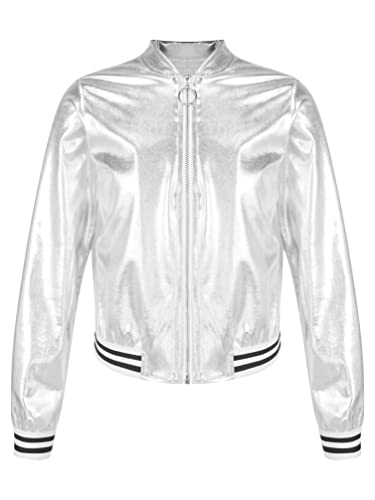 TiaoBug Mädchen Metallic Jacke Langarm Baseball College Übergangsjacke mit Reisverschluss Modern Jazz Hip Hop Tanz 70er 80er Jahre Outfit Silber 110-116 TiaoBug Mädchen Metallic Jacke Langarm Baseball College Übergangsjacke mit Reisverschluss Modern Jazz Hip Hop Tanz 70er 80er Jahre Outfit Silber 110-116 von TiaoBug