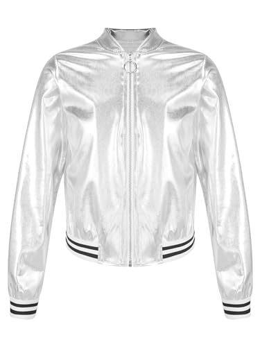 TiaoBug Mädchen Metallic Jacke Langarm Baseball College Übergangsjacke mit Reisverschluss Modern Jazz Hip Hop Tanz 70er 80er Jahre Outfit Silber 122-128 von TiaoBug