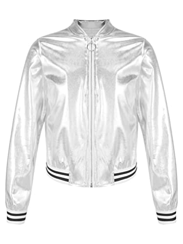 TiaoBug Mädchen Metallic Jacke Langarm Baseball College Übergangsjacke mit Reisverschluss Modern Jazz Hip Hop Tanz 70er 80er Jahre Outfit Silber 122-128 von TiaoBug