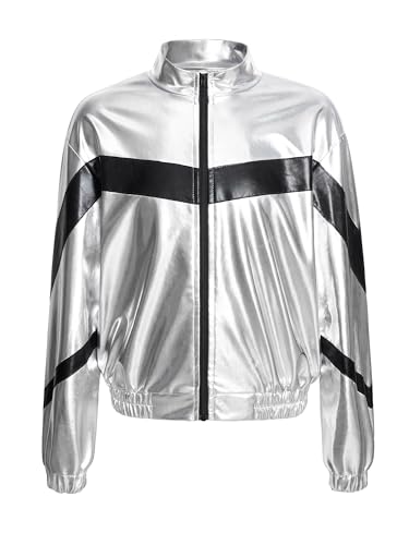 TiaoBug Mädchen Metallic Jacke Langarm Baseball College Übergangsjacke mit Reisverschluss Modern Jazz Hip Hop Tanz 70er 80er Jahre Outfit Silber A 134-140 von TiaoBug