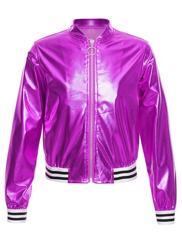 TiaoBug Mädchen Metallic Jacke Langarm Baseball College Übergangsjacke mit Reisverschluss Modern Jazz Hip Hop Tanz 70er 80er Jahre Outfit Violett 146-152 von TiaoBug