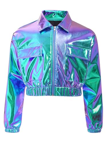 TiaoBug Mädchen Metallic Jacke Langarm Hemd Bluse Kurze Übergangsjacke mit Reisverschluss Modern Jazz Hip Hop Tanz 70er 80er Jahre Outfit Blau 134-140 TiaoBug Mädchen Metallic Jacke Langarm Hemd Bluse Kurze Übergangsjacke mit Reisverschluss Modern Jazz Hip Hop Tanz 70er 80er Jahre Outfit Blau 134-140 von TiaoBug