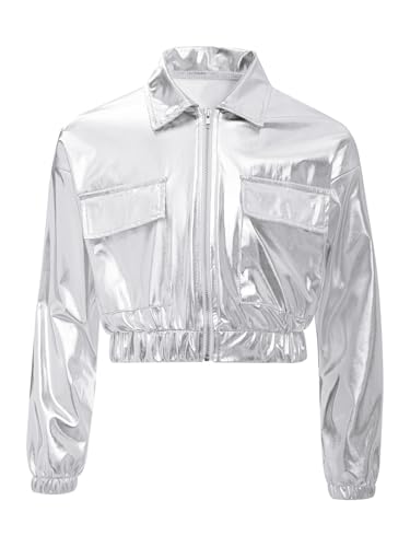 TiaoBug Mädchen Metallic Jacke Langarm Hemd Bluse Kurze Übergangsjacke mit Reisverschluss Modern Jazz Hip Hop Tanz 70er 80er Jahre Outfit Silber 146-152 von TiaoBug