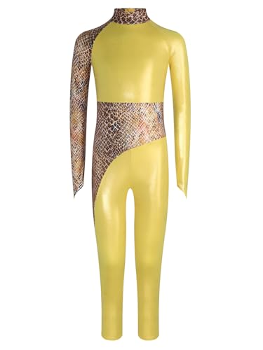 TiaoBug Mädchen Metallic Turnanzug Langarm Ganzkörper Gymnastikanzug Schlangen Drucken Ballettanzug Ballett Trikot Tanz Body mit Lange Hose Lack Leder Leggings Gelb 134-140 von TiaoBug