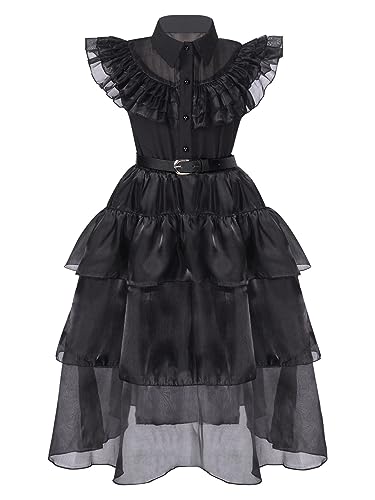 TiaoBug Mädchen Mittwoch Kleid Langarm Skaterkleid mit Kragen und Zierknöpfe Herbst Winter Tunika Gothic Partykleid Festkleider Schule Uniform Schwarz A 146-152 von TiaoBug